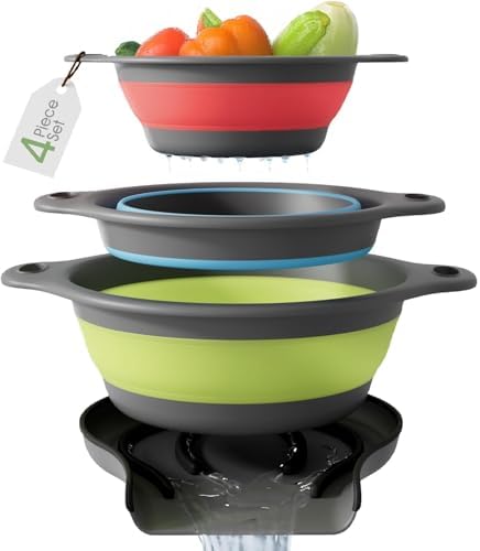 Gevoli Collapsible Colanders with Self-Draining Base for Edge of Sink, Food Strainers (Small/Med/Large), Nested Design for Easy Storage (Red, Blue, Green) (4PC Set)