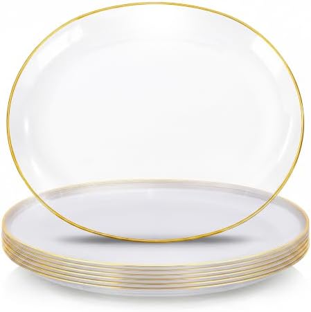 WDF 6-Pack Clear and Gold Plastic Serving Trays - 10x12 Inch Heavy Duty Oval Disposable Serving Platters for Cookie/Appetizer/Snack Party Food Display - Clear Gold Serving Trays for Party/Wedding/BBQ