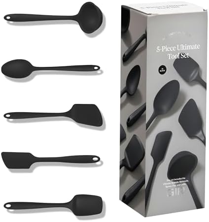 GIR: Get It Right 5-Piece Silicone Ultimate Kitchen Utensils Set - Ladle, Spatula, Flip, Spoon & Spoonula - Non-Toxic Cooking Utensils for Nonstick Cookware, Cooking and Baking - Black