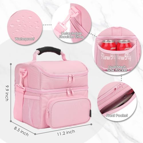 FlowFly Double Layer Cooler Insulated Lunch Bag Adult Lunch Box Large Tote Bag for Men, Women, With Adjustable Strap,Front Pocket and Dual Large Mesh Side Pockets