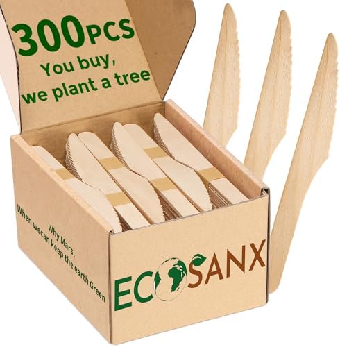 300 PCs Wooden disposable knives for eating, Splinter Free compostable knives - Eco-Friendly - 100% Natural wooden knife for Party & Events - Disposable wooden cutlery for Outdoor, Travelling & More