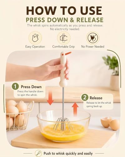 2 PC Semi-Automatic Stainless Steel Whisk Set, Push-Down Rotary Egg Beater