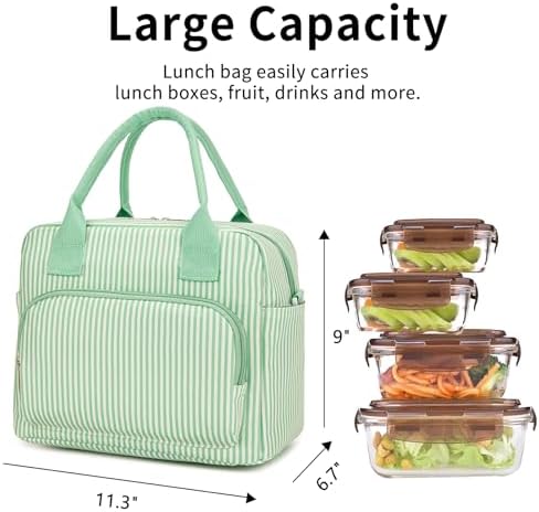 Lunch Bag Women Lunch Box for Women Adult Cute Insulated Lunch Bag Lager Cooler Lunch Tote Bags for Work Picnic (Green Stripes)