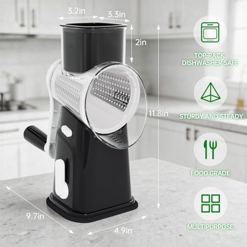 Ourokhome Rotary Cheese Grater Cheese Shredder with 5 Interchangeable Blades, Rotary Grater with Non-slip Suction Base Hand Crank Slicer for Vegetable Nuts Black