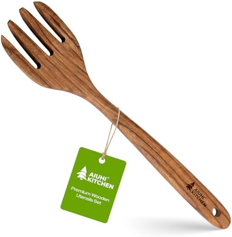 AIUHI Premium Teak Wood Salad Serving Fork, Ergonomic Handle Non-Scratch Wooden Cooking Fork, Durable Kitchen Utensil for Salad Mixing Pasta Tossing and Food Serving
