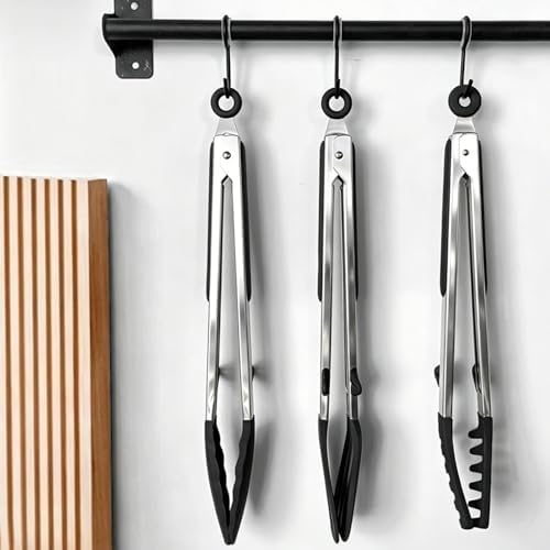 12" Kitchen Tongs for cooking with Silicone Tips, 3Pcs Serving Tongs, Black