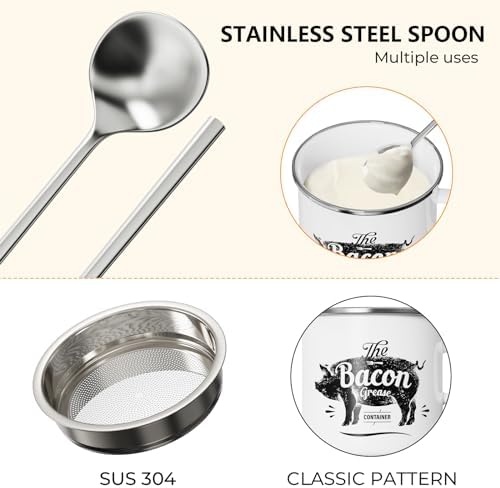 Bacon Grease Container with Strainer-15OZ Enamel Saver, Dishwasher Safe