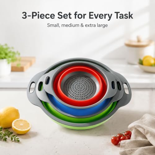 Collapsible Colander Set, 3 Pack Silicone Kitchen Strainer Set, Space Saving Design, Small Round Colander Baskets for Draining Pasta, Vegetable and fruit, (2Qt+3Qt+5Qt)