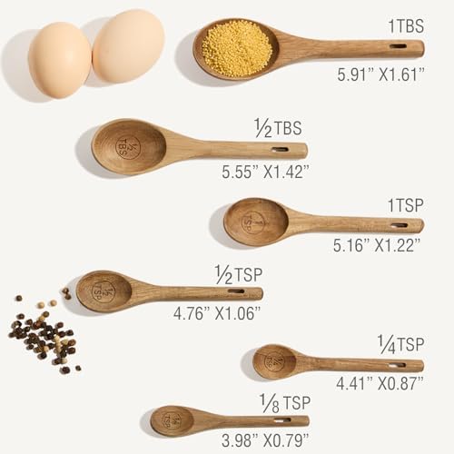 6pcs Measuring Spoons Set, Natural Acacia Wood, Tablespoon Teaspoon