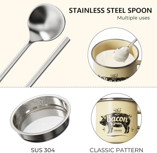 Bacon Grease Container with Strainer-15OZ Enamel Saver, Dishwasher Safe