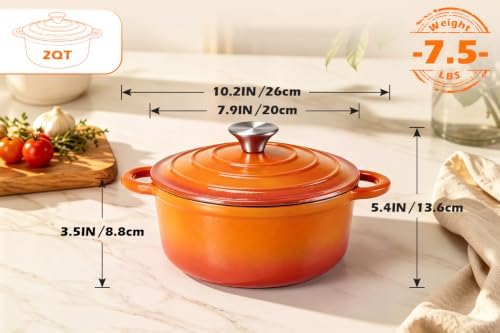 Leonyo 2-Quart Small Enameled Cast Iron Dutch Oven Pot with Lid, Orange