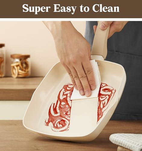 KOCH SYSTEME CS Nonstick Grill Pan for Stove Tops, 11 Inch Square Frying Pan with Lid, Ultimate Ceramic Coating Grill Skillet with Bakelite Handle, Induction Griddle Pan, PFOA Free, Cream White