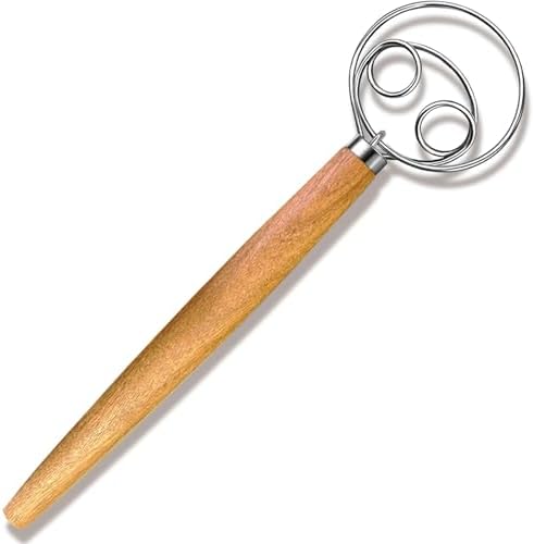 Danish Dough Whisk - Dough Bread Whisk, Sourdough Bread Baking Supplies for Cake Bread Pizza Pastry Biscuits, Wooden Hand Stainless Steel Ring Sourdough Baking Dough Mixer(Acacia Wood)