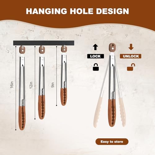 9"+12"+16" Wooden Tongs for Cooking – Locking Wooden Tongs with Non-Slip Handles & Hanging Hole, Wood Tip Serving Tongs for BBQ, Salad & Grilling (9"+12"+16")