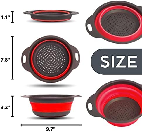 Round Collapsible Colander with Plastic Handles Round Silicone Kitchen Strainers Foldable Kitchen Strainer Perfect for Draining Pasta Vegetable and Fruit Red