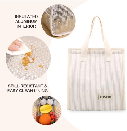 TELLUMO Corduroy Insulated Lunch Bag, 7.75L Large Capacity Reusable Lunch Box, Cute Lunch Tote for Women Men, Leakproof Lunch Cooler for Work Picnic Travel (Corduroy Beige)