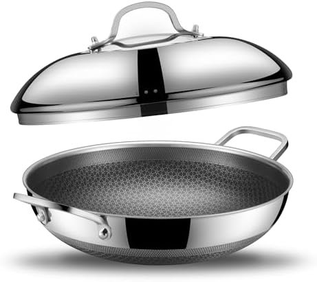 SNOWCLAD Wok, 13 Inch Hybrid Woks & Stir-fry Pans Nonstick with Double Handles, Non Toxic Stainless Steel Wok Pan with Lid, Dishwasher Induction Oven Broiler Safe
