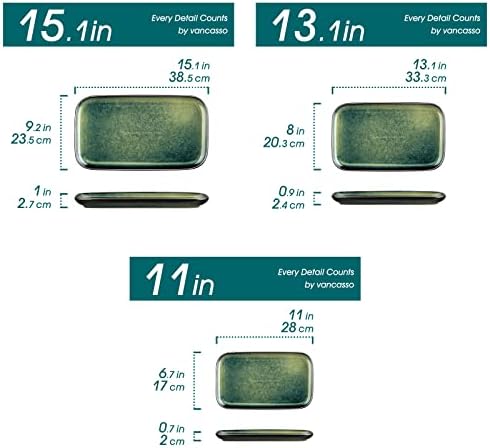 vancasso Stern Serving Platters Set of 3, 15/13/ 11 Inches Rectangular Serving Plates, Green Serving Trays for Entertaining, Party