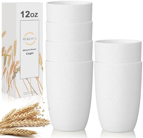 Wrova Wheat Straw Cups Set of 6 Good Alternative to Plastic Cups Reusable 12 oz Unbreakable Drinking Cup Reusable Dishwasher Safe Water Plastic Kitchen Glasses - White