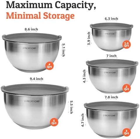 Priority Chef Premium Mixing Bowls With Airtight Lids Set, Thicker Stainless Steel Mixing Bowl Set, Large Prep Metal Bowls with Lids, Nesting Bowls for Kitchen, 1.5/2/3/4/5 Qrt, Grey