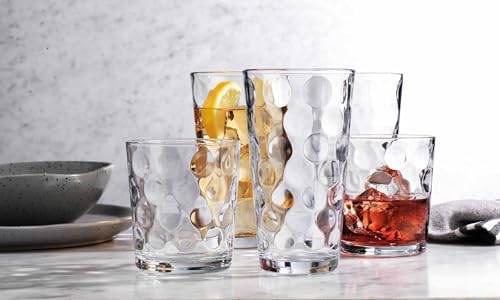 Home Essentials Drinking Glasses Set of 16, 8 Highball Glasses -17 oz., 8 Rocks Whiskey Glass Cups 13 oz., Inner Circular Lensed Glass Cups.