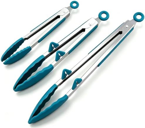 Kitchen Tongs for Cooking with Silicone Tips, 3 Size Mini Tong Peacock Blue