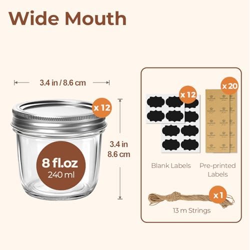 ComSaf 8 oz Wide Mouth Mason Jars Bulk Set, 12 Pack Small Jars with Lids