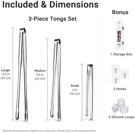 Stainless Steel Kitchen Tongs Set of 3, 6-11.5in Non-Slip Silver