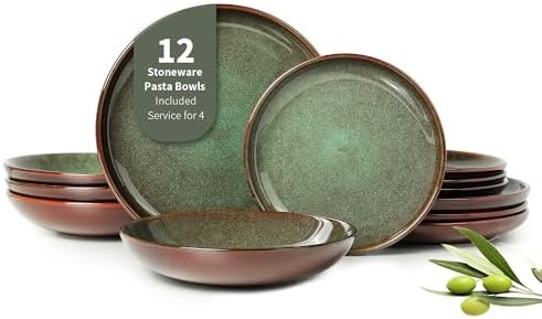 Pokini Stoneware Dinnerware Sets for 4, 12pcs Plates and Bowls Sets Dishes