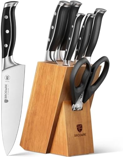 BRODARK 7Pcs Ultra Sharp Kitchen Knife Set, Acacia Wood Block with Scissors