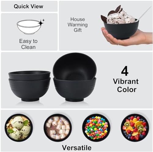Wrova wheat straw snack bowls 10oz set of 8 - Unbreakable Dessert Bowls for kids - Mini Bowls for Ice Cream,Snack and Fruits - Microwave & Dishwasher Safe Appetizer Bowl Sets - Black