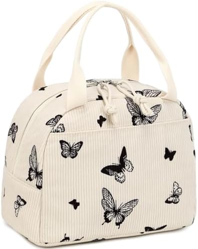LEDAOU Lunch Box for Women Insulated Lunch Bag Corduroy Lunch Tote Bags Leakproof Cooler Lunch Case for Travel Work Picnic (Corduroy Beige-Butterfly)