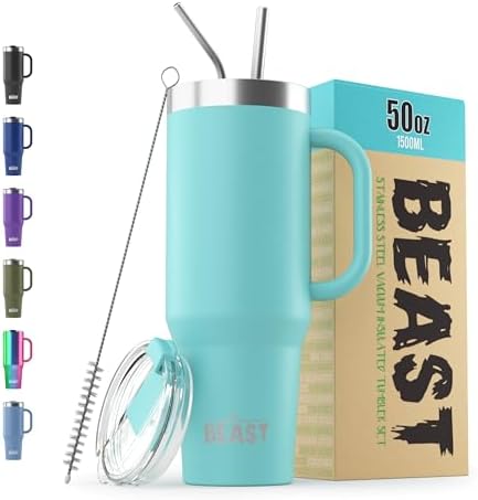 Beast 50 oz Tumbler with Handle Stainless Steel Vacuum Insulated Coffee Ice Cup Double Wall Travel Flask (Aquamarine Blue)