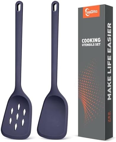 Silicone Spatula Set of 2 Pack, Heat Resistant Solid&Slotted Turner (BLUE)
