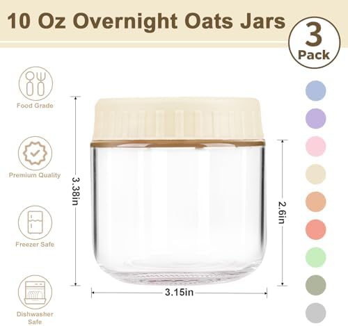 Overnight Oats Containers with Lids, 10oz Wide Mouth Mason Jars with Lids, 3 Pack Glass Jars with Airtight lid for Chia Pudding Yogurt Salad, Meal Prer Oatmeal Jars, Yellow