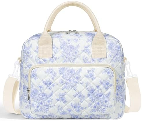 WOBAGMEN Quilted Lunch Box for Women,Large Floral Insulated Lunch Bag with Multiple Pockets,Adjustable Strap,Reusable Lunch Tote Box for Work Picnic Travel (Elegant Blue Floral, M)