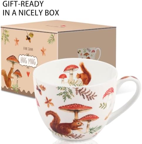 Autumn Squirrel Mug – 20oz Bone China Coffee Mug, Cozy Fall Mushroom Forest Design, Gift for Nature Lovers and Friends, Designed in England by Harvest Green Studio