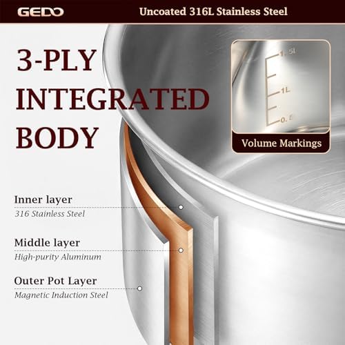 GEDO Food-Grade 316L Stainless Steel Sauce Pan with Glass Lid, 3-Ply Integrated Body Uncoated Cooking Pot, Universal for Induction Gas Ceramic Stovetops, Multi-Purpose Kitchen Cookware (2.7, Quarts)