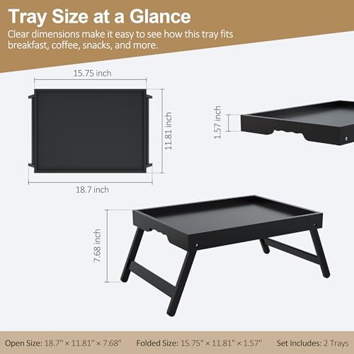 Bamboo Breakfast Trays with Folding Legs, Medium, 2-Pack, Black