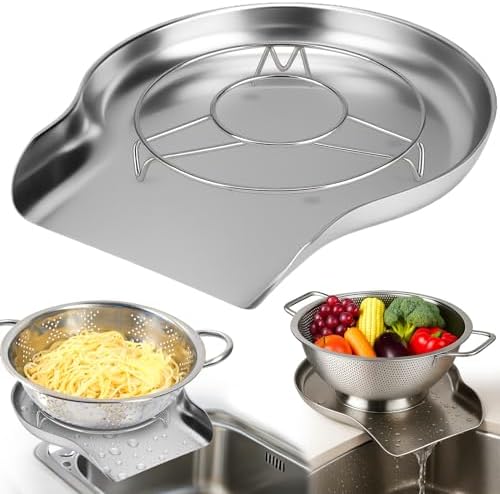 Palksky Colander and Strainer Self Drainer Base Plate Stainless Steel for Kitchen, Metal Countertop Draining Tray for Pasta Rice Noodle Fruit Veggie Food Strainer & Ceramic Colander