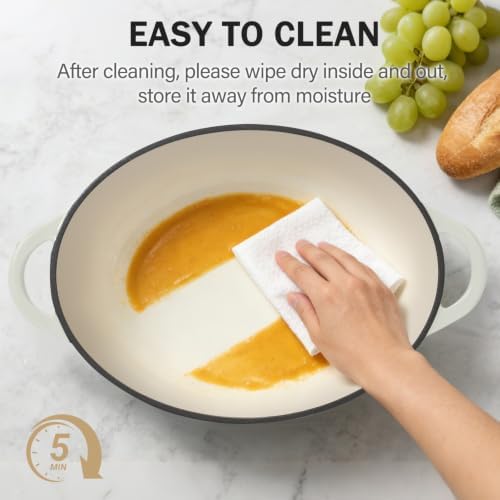Enameled Dutch Oven Pot with Lid, 7 QT Cast Iron Dutch Oven with Dual Handles, Oval Dutch Oven for Cooking, Bread Baking, Frying, Non-stick Enamel Coated Oven (Caramel White)