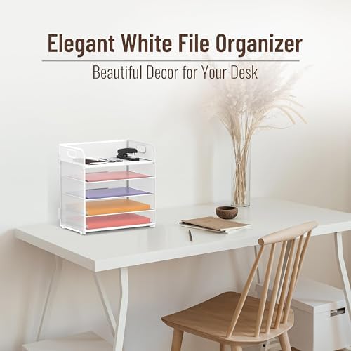 2 Pack 5-Tier White Desk Organizer with Handle Mesh Desk File/Paper Organizer Letter Tray for Office, School and Home Easy Installation