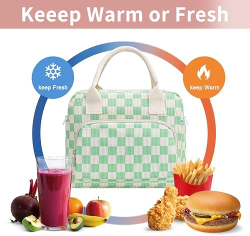 Lunch Bag Women Lunch Box for Women Adult Cute Insulated Lunch Bag Lager Cooler Lunch Tote Bags for Work Picnic (Beige-Light Green Plaid)