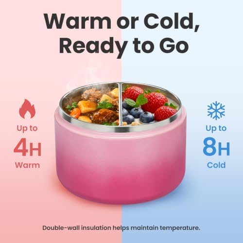 Pawtong 12oz Insulated Vacuum Food Jar with Buckle Lid Wide Mouth Soup Thermo for Hot Food Kids Leakproof Stainless Steel Lunch Container (Gradient Pink, 12OZ)