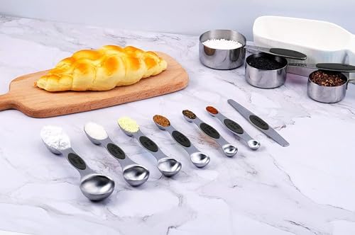 TILUCK Stainless Steel Measuring Cups and Spoons Set with Silicone Handle – Nesting Design for Space-Saving, Heavy Duty & Dishwasher Safe for Dry/Liquid Ingredients, Cooking & Baking (13)