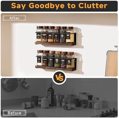 2-Tier Wall Mount Spice Rack Organizer - Screw/Adhesive Mount, Black Metal & Wood Spice Storage for Kitchen Pantry Cabinet, 11.6”L x 2.4”W x 3.2”H,Spice Jars Not Included