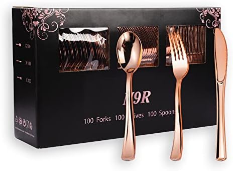 N9R 300PCS Rose Gold Plastic Silverware, Disposable Cutlery & Utensils