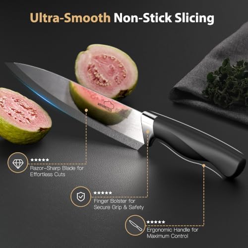 Knife Set, Amorston 14-Piece Kitchen Knives Set with Block & Sharpening Stone, Stainless Steel Dishwasher Safe, Knife Block Set with Ergonomic Handle, Professional Kitchen Knives for Home Cooking