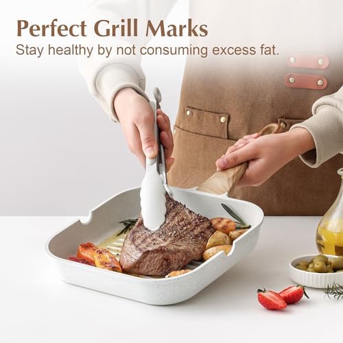 SENSARTE Nonstick Ceramic Grill Pan with Lid, Versatile Square Grilling Pan with Pour Spouts, Durable Grill Skillet for All Stoves(Gas,Electric,Induction) Non Toxic-PTFE,PFAS,PFOA Free, 9.5 Inch