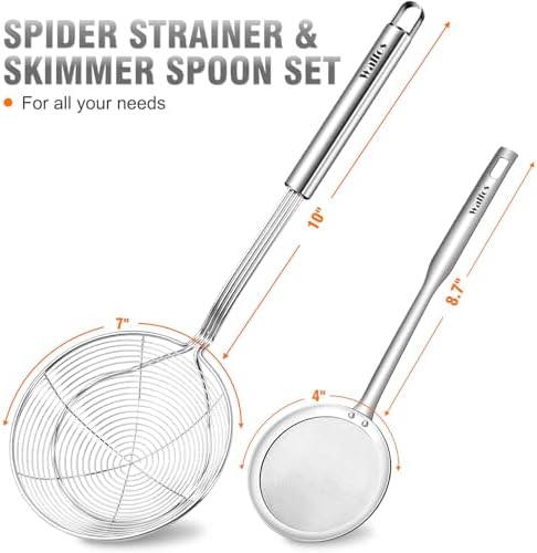 Walfos 7 inch Extra Large Spider Strainer - Stainless Steel Fryer Scoop & 4 in Skimmer Spoon, Set of 2 - Kitchen Spider Skimmer Strainer With Handle, For Cooking, Frying, Pasta, Egg, Foam